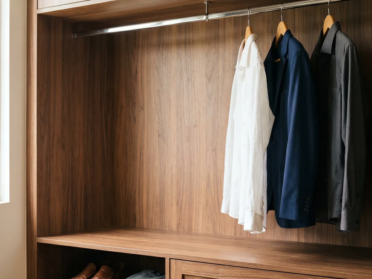Walnut walk-in wardrobe with hanging clothes, leather shoes and brass handle