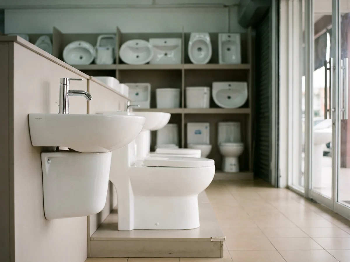 Bathroom sanitary ware display in showroom with basins, toilets and pedestals